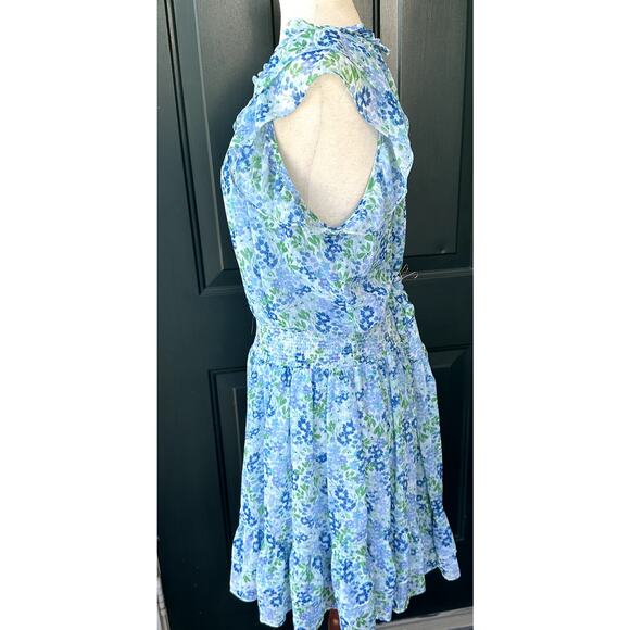 Shoshanna Sz 14 Blue Cottagecore Floral Smocked Waist Ruffled Hem Sheer w/ Slip - Picture 6 of 9